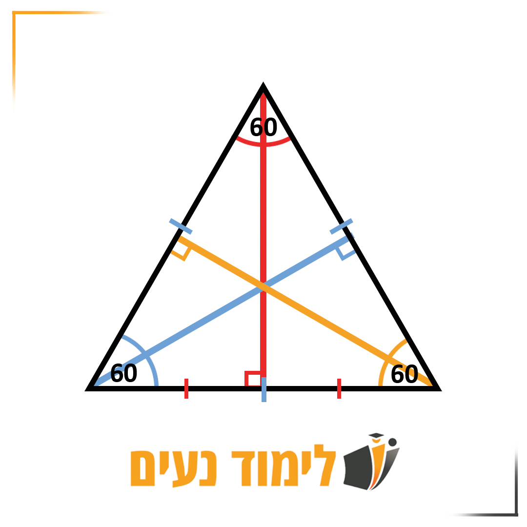 משולש שווה צלעות - כל הצלעות שוות והזוויות שוות ל60 מעלות, כל גובה הוא גם תיכון וגם חוצה זווית