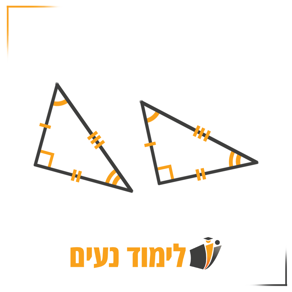 תרשים הממחיש חפיפת משולשים ישרי זווית, עם צלעות וזוויות שוות המסומנות בהתאמה. ההמחשה מדגישה את מושג חפיפת משולשים ישרי זווית, עם דגש על שוויון יתר וצלעות. מופיע במדריך להוכחת חפיפת משולשים ישרי זווית