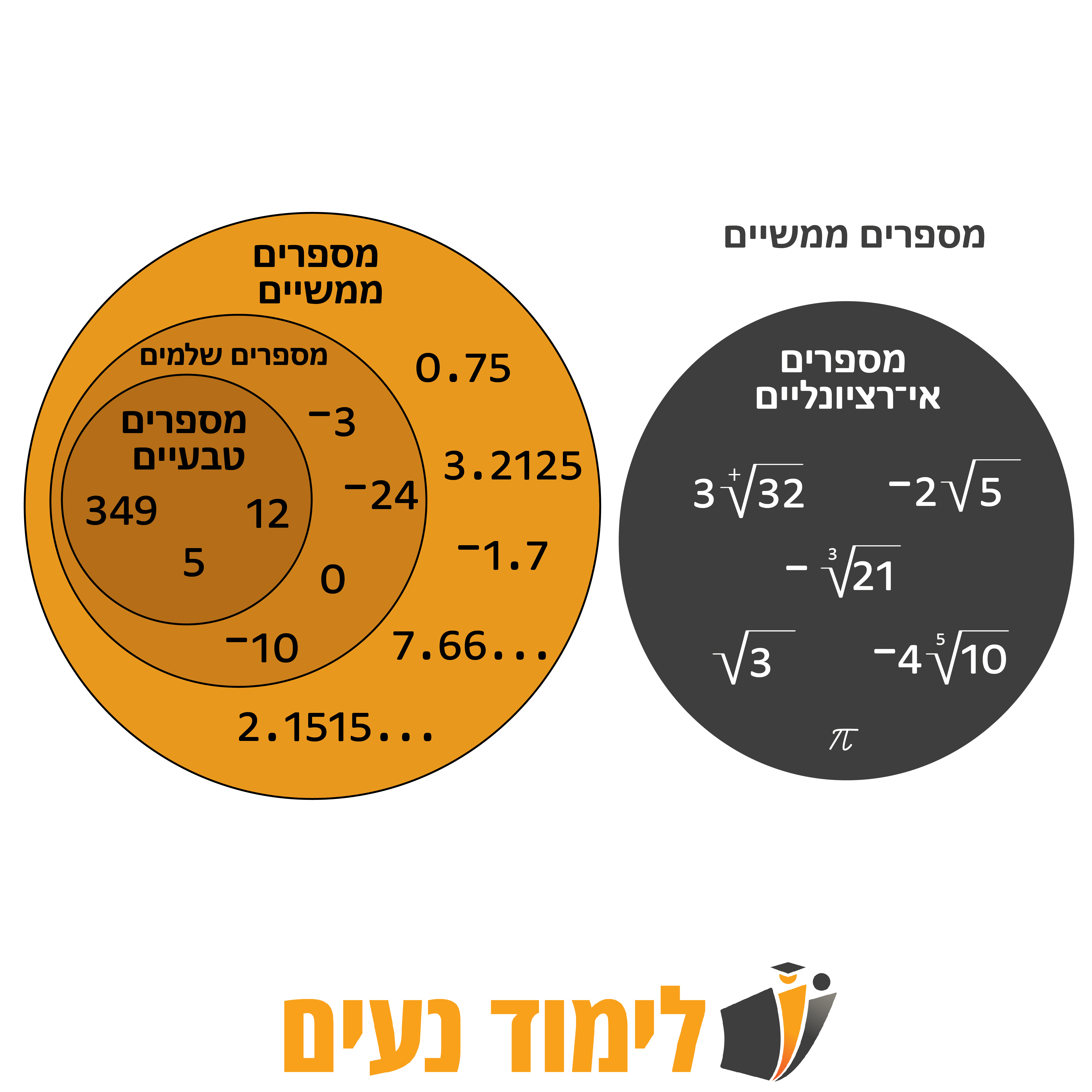 דיאגרמת ון בספרדית המציגה את קבוצות המספרים הממשיים: מספרים רציונליים (כולל טבעיים, שלמים ועשרוניים) ומספרים אי-רציונליים כמו שורשים ו-π, תחת הכותרת 'מספרים ממשיים'